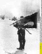 Deutscher Soldat mit einer erbeuteten russischen Fahne in Brest-Litowsk, 1941.jpg