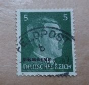 Почтовые марки оккупации Украины, надпечатка Ukraine (1 шт). Гитлер, гашение Фельдпочта