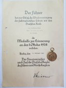 Медаль "В память 1 октября 1938 года" с документом