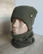 Двойная вязанная шапка с отворотом + баф (олива)