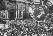 Adolf Hitler in crowd outside the Odeonplatz during the mobilization of the German army for WWI.jpg