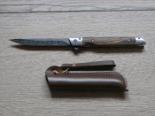 Складний викидний ніж Дамаск M390 Flipper 21.5см з чехлом з екошкіри