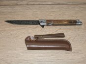 Складний викидний ніж Дамаск M390 Flipper 21.5см з чехлом з екошкіри