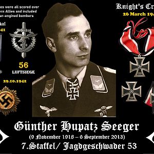 ✠ Günther Hupatz Seeger (9 November 1918 – 6 September 2013) 7.Staffel/ Jagdgeschwader 53. 56 Luftsiege