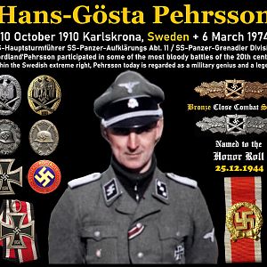 ✠ Hans-Gösta Pehrsson (*10 October 1910 Karlskrona, Sweden + 6 March 1974) Waffen-SS 1941-45