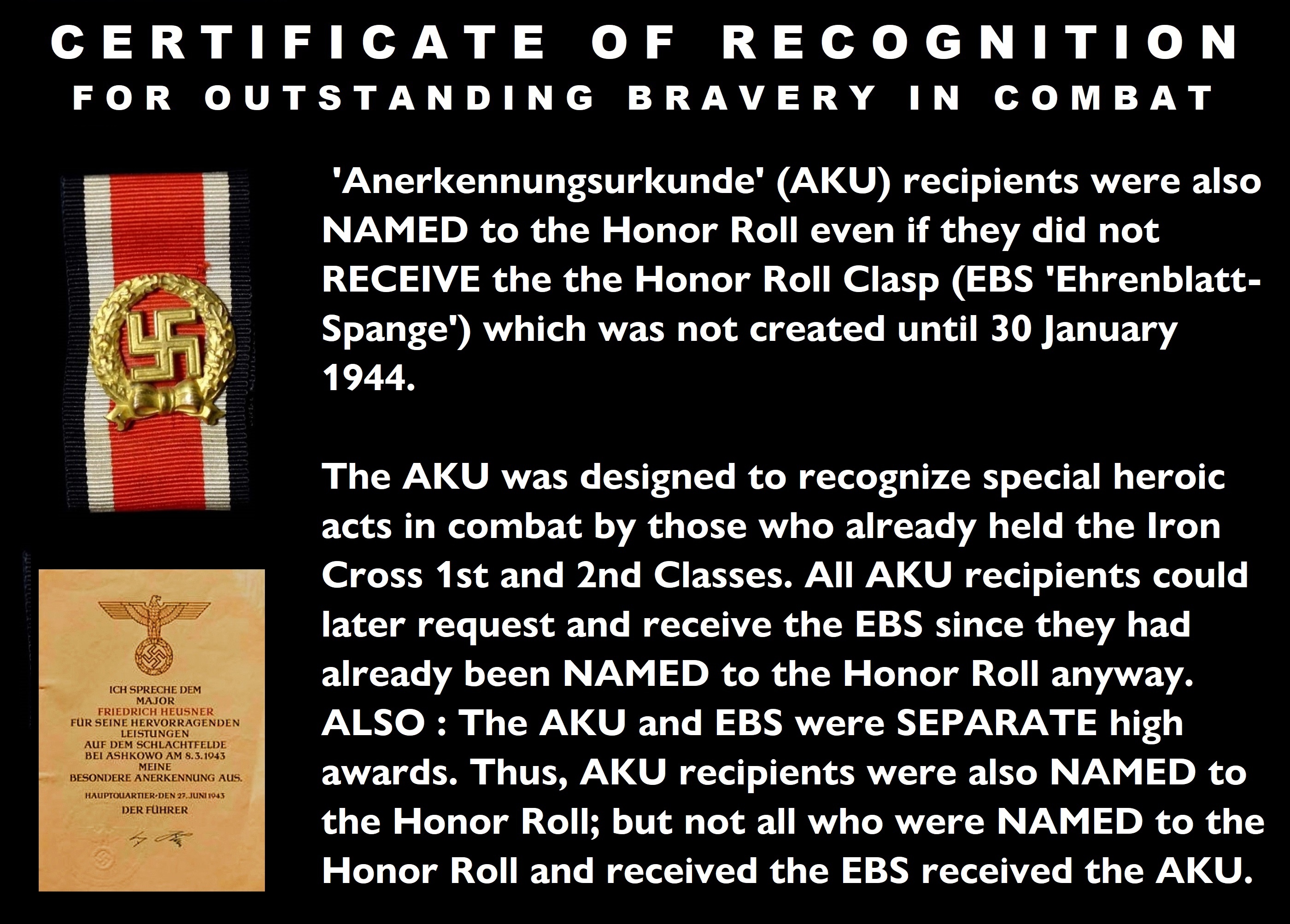 Certificate of Recognition for Outstanding Bravery in Combat & Named to the Honor Roll